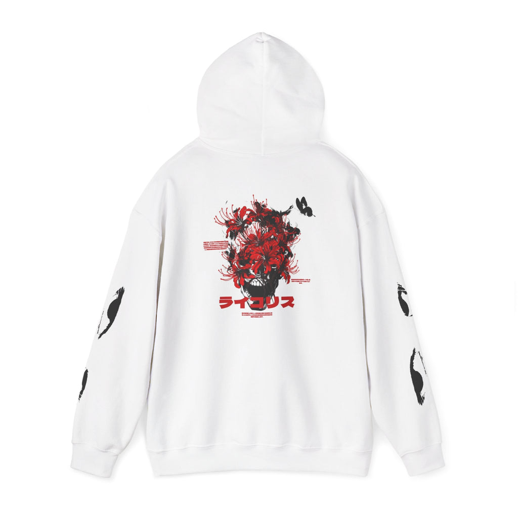 Lip Bite Floral Skull Hoodie — Japanese Text Graphic Streetwear