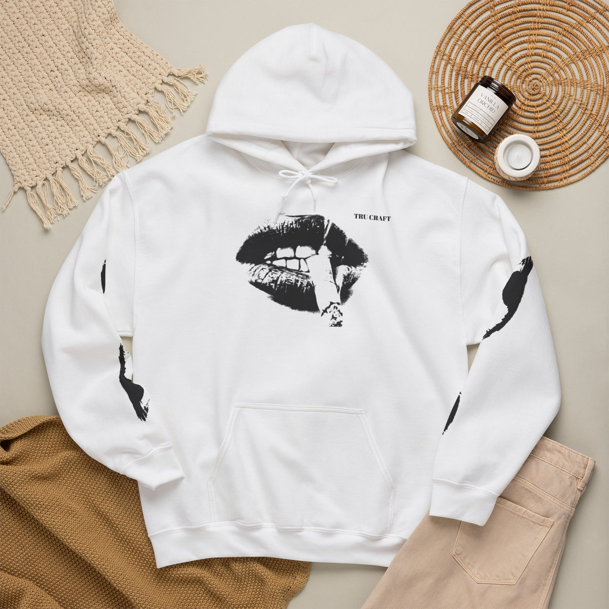 Graphic Lip Print Hoodie — Edgy Black & White Streetwear Pullover
