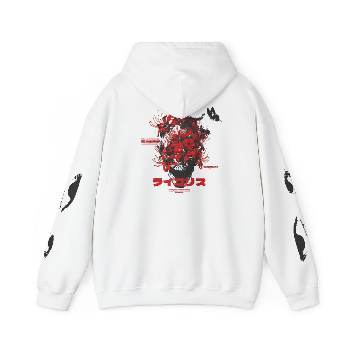 Lip Bite Floral Skull Hoodie — Japanese Text Graphic Streetwear
