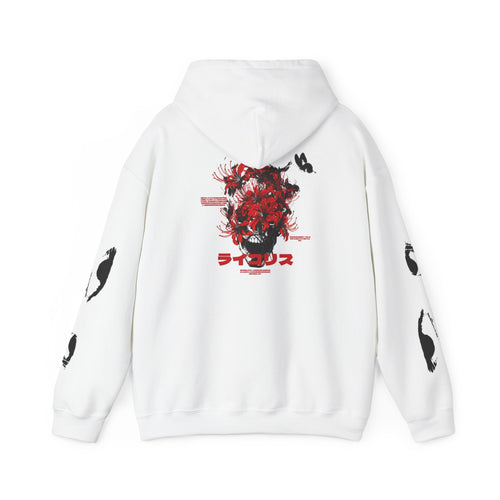 Lip Bite Floral Skull Hoodie — Japanese Text Graphic Streetwear